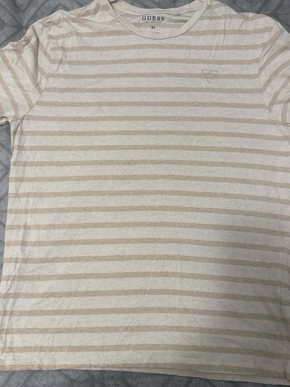 GUESS Beige and White Striped Crewneck Tee